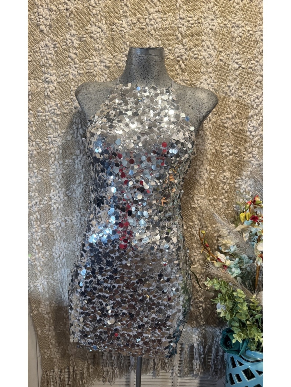 Fashion Sequins Mini Dresses Women Sexy Sleeveless Halter Short Dress Size 1/2